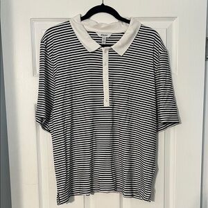 SPANX Black and White Striped Ribbed Polo